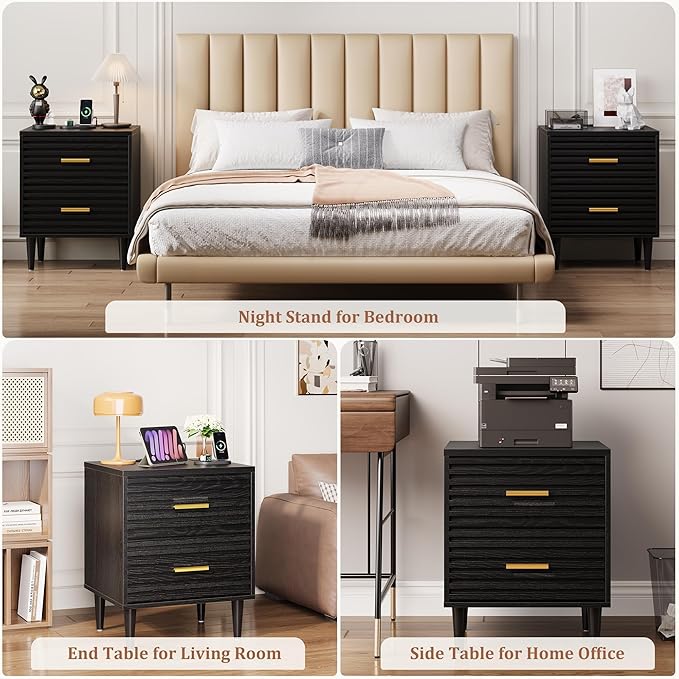 Alohappy Night Stand with Charging Station, Bedside Table with 2 Drawers, Mid Century Modern End Table, Bed Side Table with USB Ports and Outlets, Nightstand for Bedroom, Black 1pc
