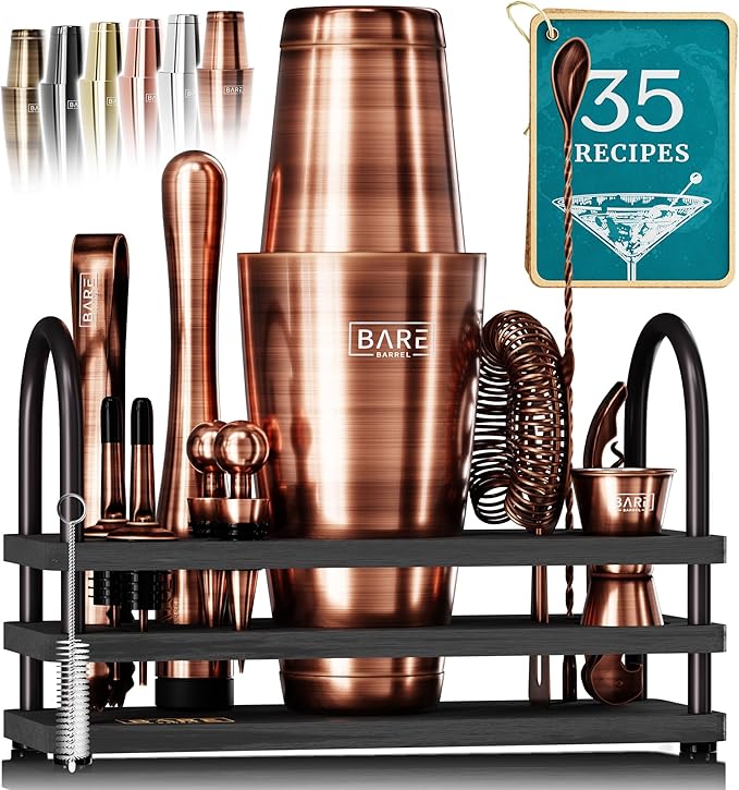 BARE BARREL® Mixology Bartender Kit Bar Set | 14-Piece Cocktail Shaker Set | Martini Barware Mixing Tools for Home Bartending | 35 Recipe Cards | Gift Set (28oz Boston Shaker, Copper/Black)