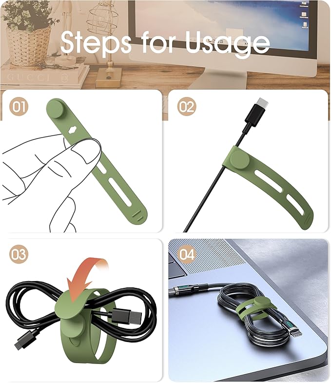 40Pcs Nearockle Reusable Cable Ties, Adjustable Silicone Cord Organizer Small Zip Ties for Charging Cords Earphone Computer Wire, Office Desk Cable Management Travel Accessories(4 Colors)