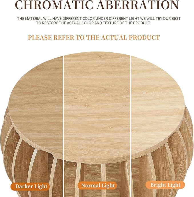 Drum Coffee Table with Storage,31.5” Wood Round Coffee Table,Farmhouse Pumpkin-Shaped Center Table for Living Room Home Office Natural