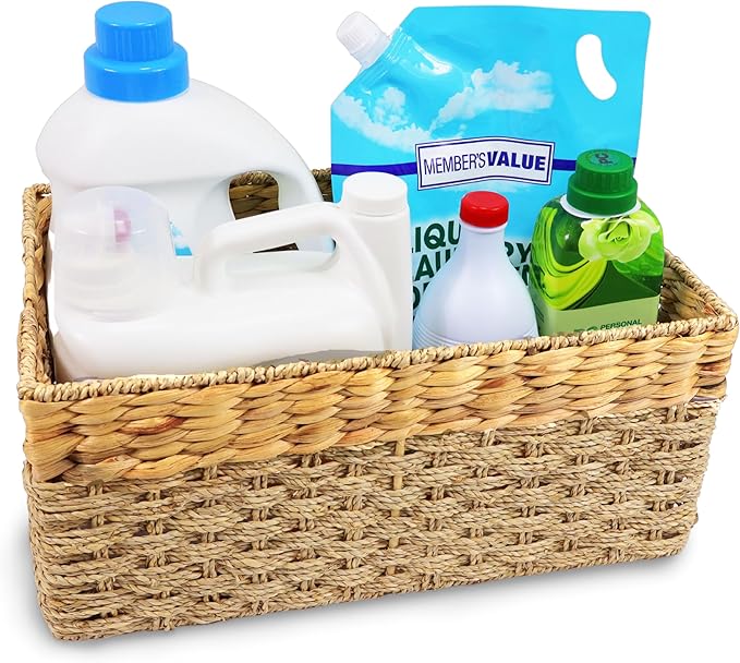 Large Wicker Storage Basket with handles, Natural, Woven, Seagrass and Hyacinth Organizing Baskets for Shelves, Pantry, Living Room - Large Size - 17x11x7.5 in