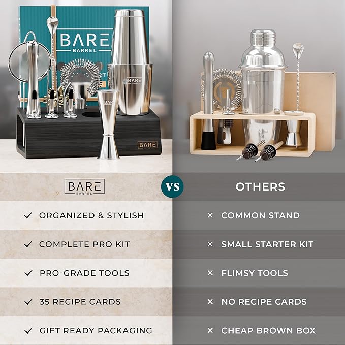 BARE BARREL® Mixology Bartender Kit Bar Set | 14-Piece Cocktail Shaker Set | Martini Barware Mixing Tools for Home Bartending | Incl. 35 Recipe Cards | Gift Set (28oz Boston Shaker, Silver/Black)