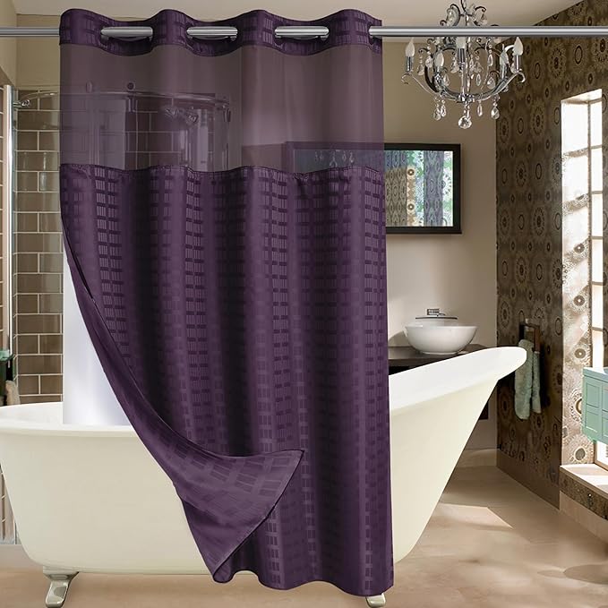 Conbo Mio Stall No Hook Shower Curtain with Snap in Liner Set, Hotel Luxury Purple Shower Curtains for Bathroom with See Through Top Window, Waterproof, Washable 54W x 74H