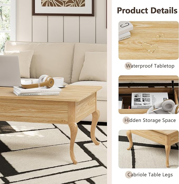 Lift Top Coffee Table, Farmhouse Coffee Table with Hidden Storage, Wood Center Table Dining Table for Living Room, Apartment, Home Office (Natural)