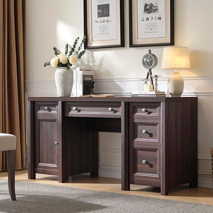 Farmhouse Computer Desk with 5 Drawers and Cabinet, 58” Executive Desk, Wood Home Office Desk with Ajustable Shelf, Rustic Writing Table with Knobs, Workspace for Study Room, Walnut