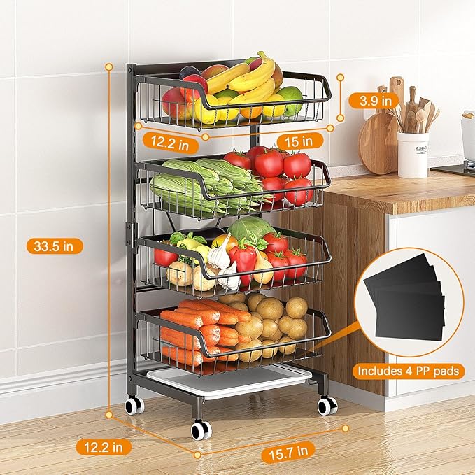 4-Tier Kitchen Snack Cart with Wheels – Versatile Rolling Storage Cart for Pantry, Utility Rooms – Adjustable Metal Wire Fruit & Vegetable Basket Rack (Black Without cart Handle, 4-Tier)