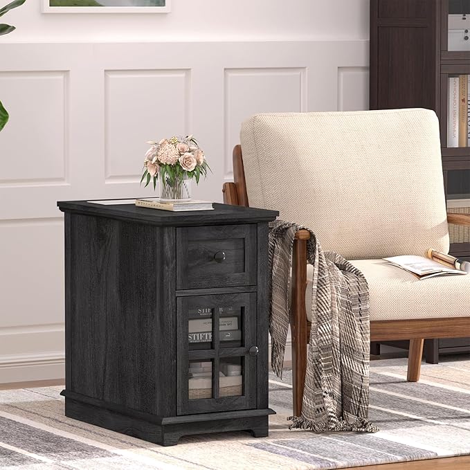 HIFYOBRO End Table with 1 Drawer, Storage Side Table with Flip Top Charging Station, Type-C & USB Port & Power outlets, Wooden Storage Cabinet for Bedroom/Living Room
