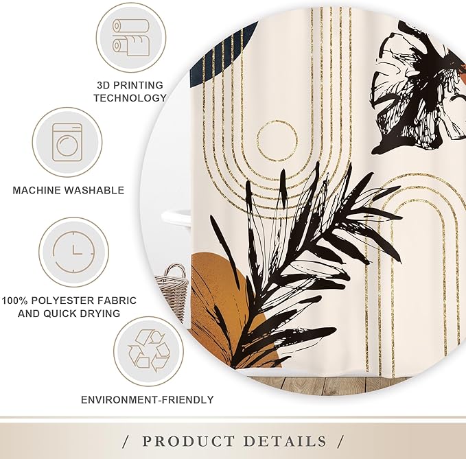 Glawry Abstract Tropical Shower Curtain Boho Watercolor Red Brown Palm Leaf Plant Botanical Bathroom Minimalist Bohemian Leaves 60Wx72L Inches Bath Accessories Art Home Decor Fabric with Hooks