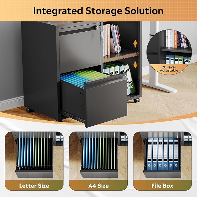 DEVAISE Metal Lateral File Cabinet with Lock, 2 Drawer Mobile Filing Cabinet with Shelf, Rolling Printer Stand fits Letter/A4 Size for Home Office, Black