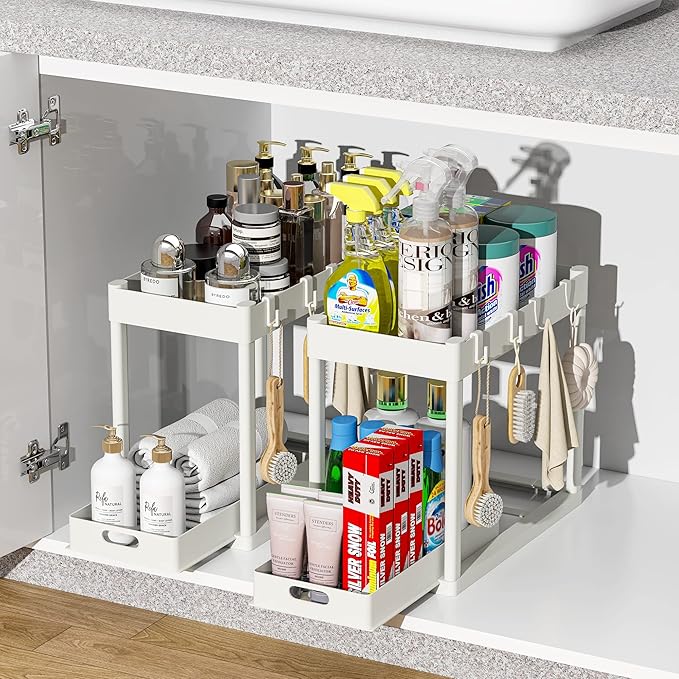 2PC Under Sink Organizer Rack 2 Tier Under Sliding Cabinet Basket Organizer Drawer with 4 Hooks, Multi-purpose Under Sink Storage for Bathroom Kitchen Desktop（White）