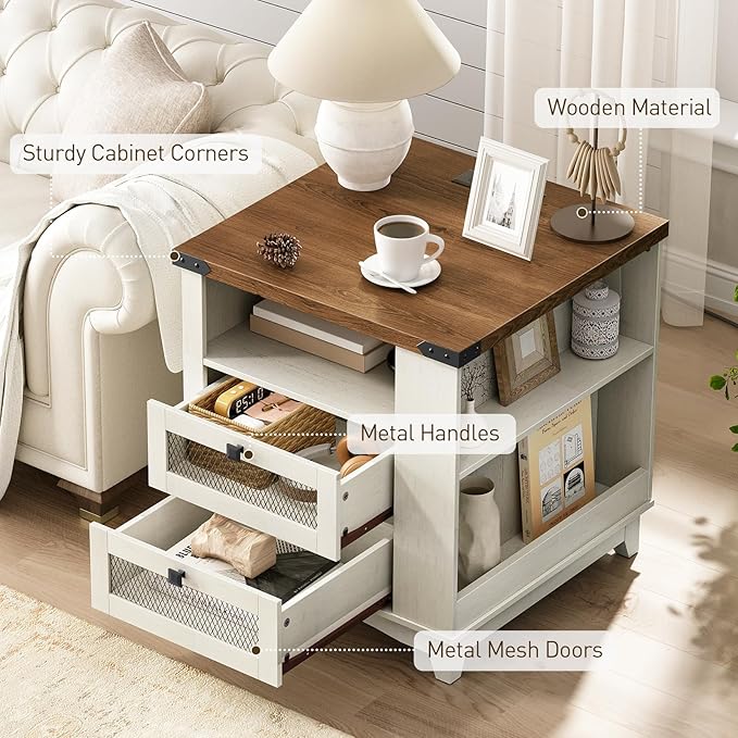 Farmhouse End Table with Charging Station, 24''Large Sofa Side Table with LED Light and 2 Drawers, Square Nightstand with Side Shelves, for Bedroom, Living Room, Office, White and Walnut