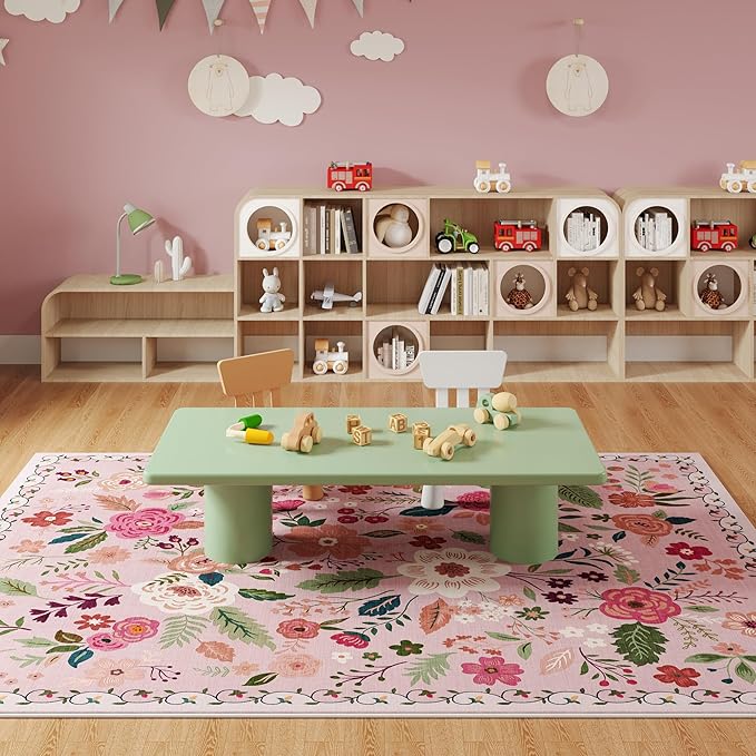 Rugcomf Living Room Rug 6x9 Machine Washable Boho Area Rug Non Slip Floral Vintage Low Pile Large Carpet for Bedroom, Farmhouse, Dining Room, Kids Playroom(Pink)