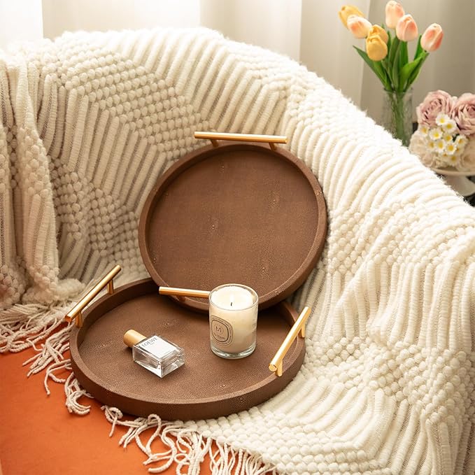 Set of 2 Round Shagreen Serving Tray, Modern Decorative Tray with Gold Polished Metal Handles, Coffee Table Ottoman Trays Perfume Trays Living Room Bathroom Home Decor (Brown)