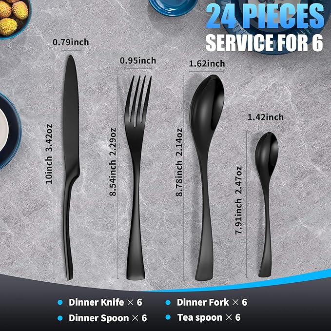 Lemeya 24-Piece Black Silverware Set for 6,Heavy Duty 18/10 Stainless Steel Cutlery Set with Forged Stand Knife,Modern Flatware Utensil Set,Forks Spoons and Knives Set,Mirror Polished,Dishwasher Safe