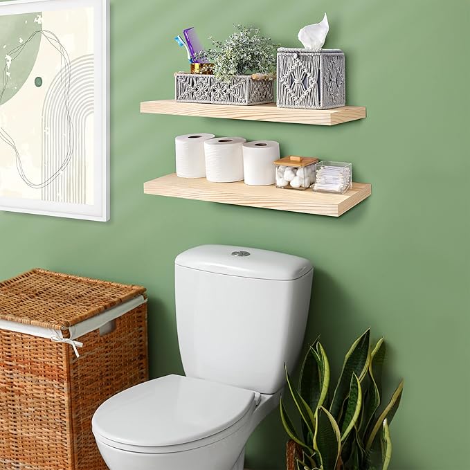 Sorbus Wood Floating Shelves for Wall - 24” Solid Wood Shelves for Bathroom Decor, Books, Bedroom & Living Room - Set of 2 Natural Wall Mounted Kitchen Shelves - Durable Solid Pine