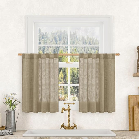 LAMIT 36 Inch Length Linen Curtains for Small Windows, Semi Sheer Light Filtering Panels Back Tab and Rod Pocket Country Decor Drapes for Basement/Kitchen, Taupe, 2 Panels, 34 x 36 Inch