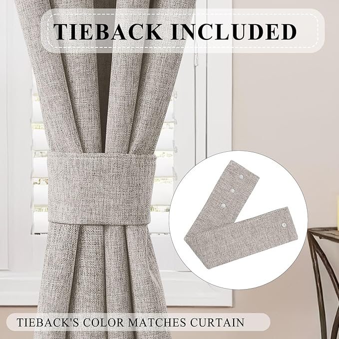 Macochico 100% Blackout Thermal Curtains Pinch Pleated Linen Curtains with Hooks Noise Reducing Curtains for Living Room Bedroom Nursery Kids Room with Tieback Light Apricot 72" Wx102 L 1 Panel