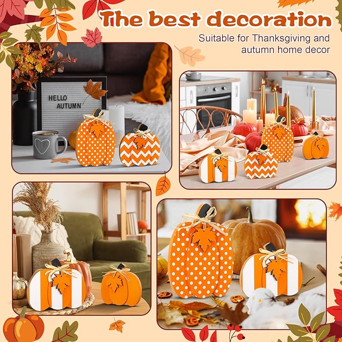 4 Pcs Fall Pumpkin Decor 3D Pumpkin Wooden Tabletop Signs Farmhouse Thanksgiving Autumn Standing Table Centerpieces Rustic Tiered Tray Decor for Home Kitchen Harvest Party(Orange and White)