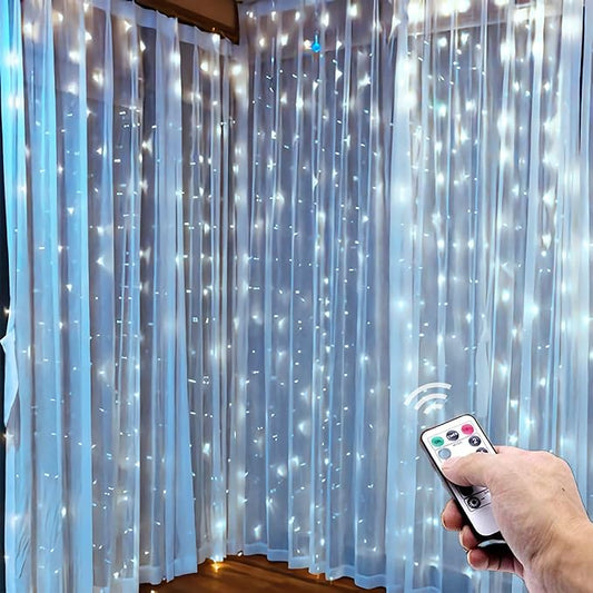 300 LED Curtain String Lights, Twinkle Fairy Lights for Bedroom with 8 Lighting Modes, USB Christmas Lights for Party Home Bedroom Indoor Wall Room Decor (White)