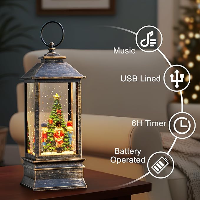 10.4" Christmas Snow Globe Water Lantern with Nutcracker Scene Battery Operated or USB Powered Musical Lighted Holiday Decoration for Tabletop Display for Family and Friends