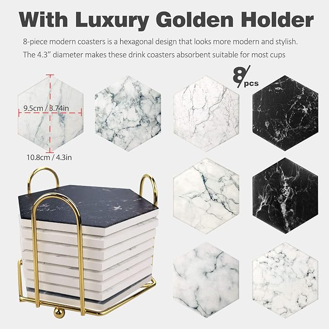8 Pcs Drink Coasters with Metal Holder Stand, Marble Design Ceramic Coaster Set, Cork Base, for Tabletop Protection, Home Decor, Bar Coasters (Black+White)