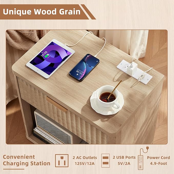 LEYAOYAO Fluted Nightstand with Charging Station, 23" Wide 1 Drawers End Table,Natural Night Stand with Open Storage Cabinet, Farmhouse Bed Side Tables, Wood Dresser for Bedroom, Living Room, Closet