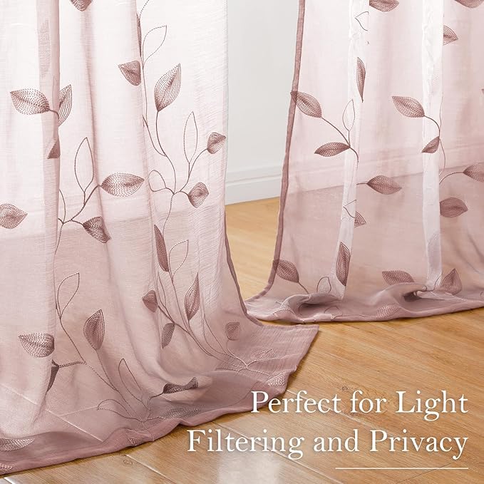 HOMEIDEAS Blush Pink Floral Sheer Curtains 84 Inches Long 2 Panels Embroidered Pattern Semi Sheer Window Curtains for Bedroom Living Room