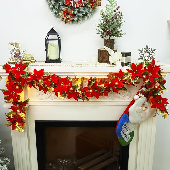 Glintoper 2 Pack Christmas Poinsettia Garland, 5.9 FT Lighted Artificial Garlands with 36 Red Flowers, Battery Operated with Timer Poinsettia String Lights, Light up for Xmas New Year Home Decor