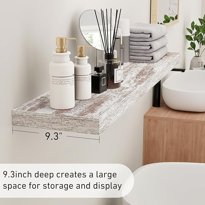 Fun Memories Deep Floating Shelves - 48" W x 9.3" D x 1.6" H Rustic Grey Wall Shelf - Wall Mounted Shelves for Storage - Wooden Shelves with Invisible Brackets for Living Room, Farmhouse - Set of 1