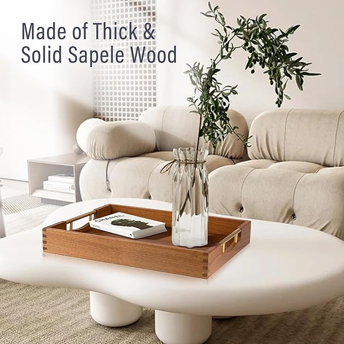 LotFancy Wood Serving Tray with Metal Handles, 17x13 Inch, Large Ottoman Tray, Decorative Wooden Tray for Living Room, Ottoman, Coffee Table, Countertop Centerpiece