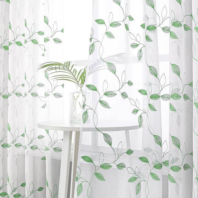 Tollpiz Green Leaf Sheer Curtain Leaves Embroidered Bedroom Curtains Rod Pocket Voile Window Treatment for Living Room, 54 x 95 inches Long, Set of 2 Panels