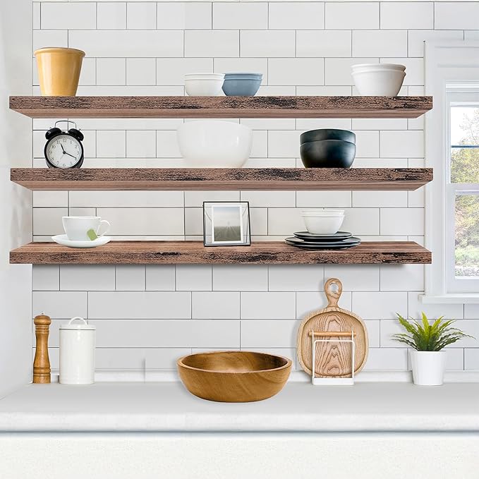 Sorbus Floating Shelves for Wall - 55 Inch Extra-Long Bathroom Shelves, Wall Decor for Bedroom, Kitchen, Living Room, Book Storage - Mounted Floating Shelf with Hidden Brackets (Mahogany, 3 Pack)