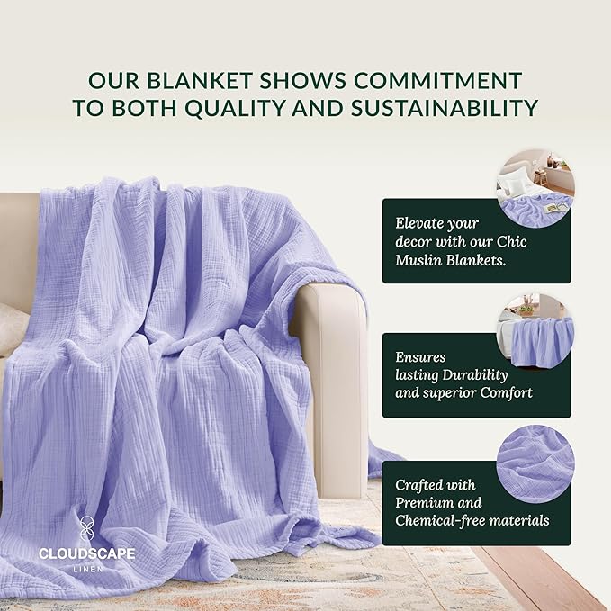 Cloud Scape Linen Extra Large 4 Layer Muslin Throw Blanket - 100% Cotton Gauze, Lightweight & Breathable All Season, Pre-Washed, for Couch & Bed, 50x70, Lavender Blue