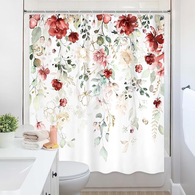 Spring Yellow Pink Floral Shower Curtain 60Wx72L Inch Rustic Watercolor Pastel Flower Eucalyptus Leaf Bathroom Set Shabby Country Plant Botanical Bath Curtain Bathtub Accessories Home Decor