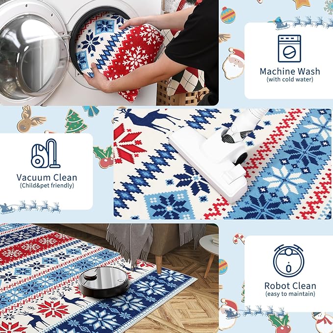 Small Entryway Area Rug 2x3 Christmas Rug Indoor Non-Slip Front Door Mat Washable Boho Rug Xmas Decorative Throw Floor Covers Farmhouse Geometric Festival Carpet for Living Room Bedroom, Blue