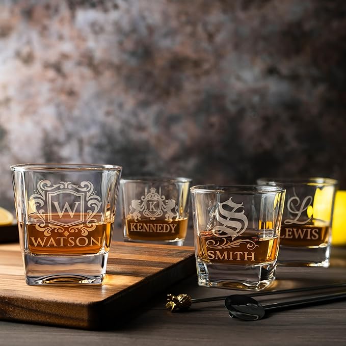 Amazing Items Single - Personalized Whiskey Glasses w/Name & Initial - 9 Designs - 9 oz, Limited Edition Monogrammed Rocks Glasses for Dad Gifts