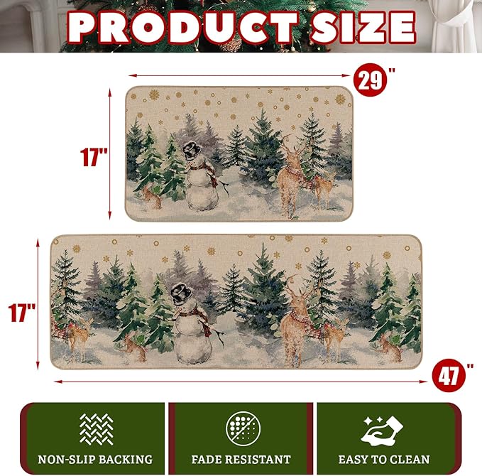 Christmas Snowman Reindeer with Scarf Decorative Kitchen Rugs Set of 2, Seasonal Winter Welcome Xmas Home Decor Low-Profile Kitchen Mats for Floor - 17x29 and 17x47 Inch