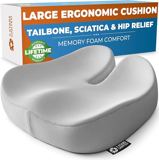 5 STARS UNITED Seat Cushion for Tailbone Pain Relief – Large Memory Foam Cushion for Coccyx, Hip, Sciatica & Post-Surgery Recovery – Wheelchair, Car, Desk, Gaming & Office Chairs, Light Gray