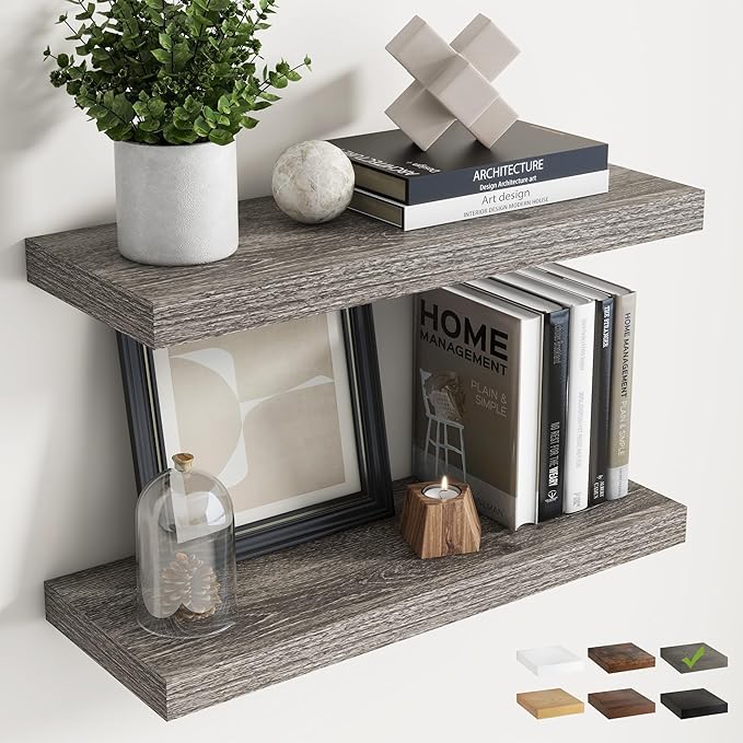 24 Inch Floating Shelves for Wall Set of 2, 8"D Wood Grain Bathroom Shelves with Invisible Brackets, Easy Install Engineered Wood Storage Shelves for Kitchen, Living Room, Bedroom, Grey Oak Finish