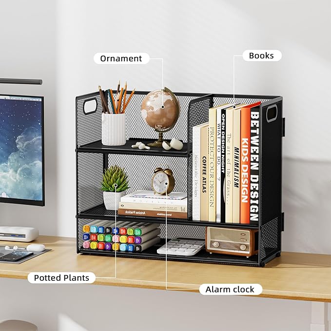 Marbrasse 3-Tier Desk Shelf Organizer with Handle, Desktop Bookshelf File Holder, Mesh Display Shelf Organizer Storage Rack for Office, Home, Supplies, Kitchen (Black)