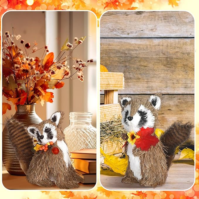Namalu 2 Pack Raccoon Sisal Fall Decor Thanksgiving Decoration Indoor Sisal Figurine for Home Table Centerpieces Cute Handmade Fall Woodland Animal Statue for Autumn Harvest Office Cozy Shelf Decor