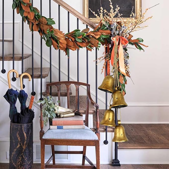 styleonme Decorative Bells, 4-Piece Set of Harmonious Bells, Vintage Handmade and Rustic Lucky Christmas Bells Hanging on a Rope, Gifts for Mom, Grandma, and Women