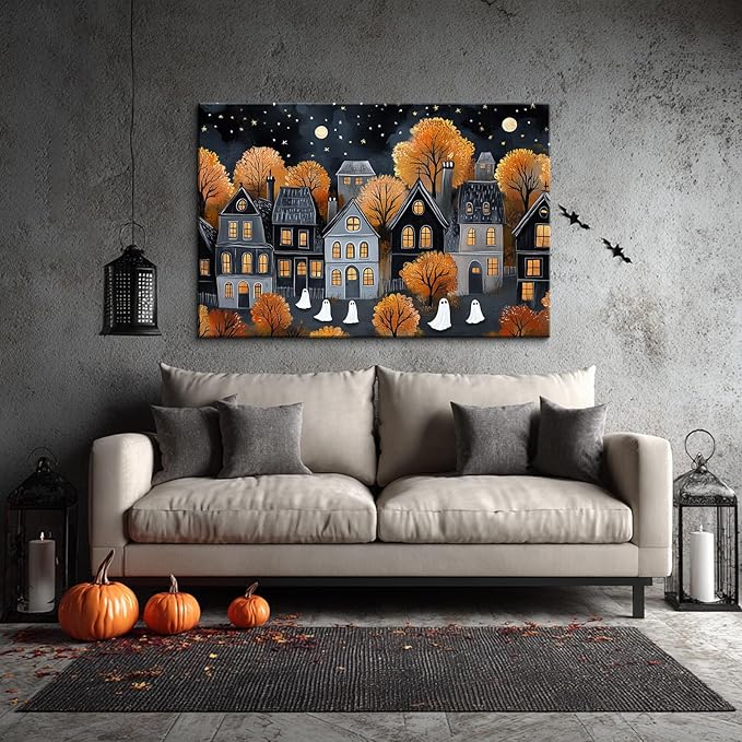 BANHUA1 Halloween Village Scene Canvas Wall Art, Ghosts And Autumn Foliage Print, Dark Academia Wall Decor for Home, Living Room, 18 x 12 Inch