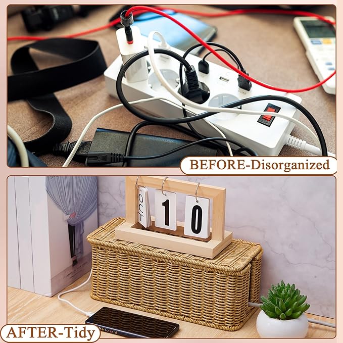 Marsui 3 Pcs Cable Management Box Synthetic Rattan Cord Organizer Cable Hider Storage Wire Box with 2 Open Slots for Home Office Desk Computer TV Wires USB Hub (Small,Medium,Large)