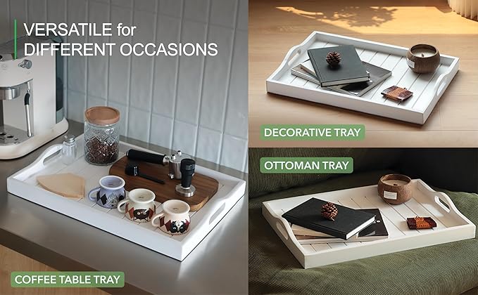 Large Wooden Serving Tray with Handles 20 x 14 inch Decorative Coffee Table Ottoman Tray for Living Room Extra Large for Kitchen Dinner Food Bar Breakfast in Bed (Color White)