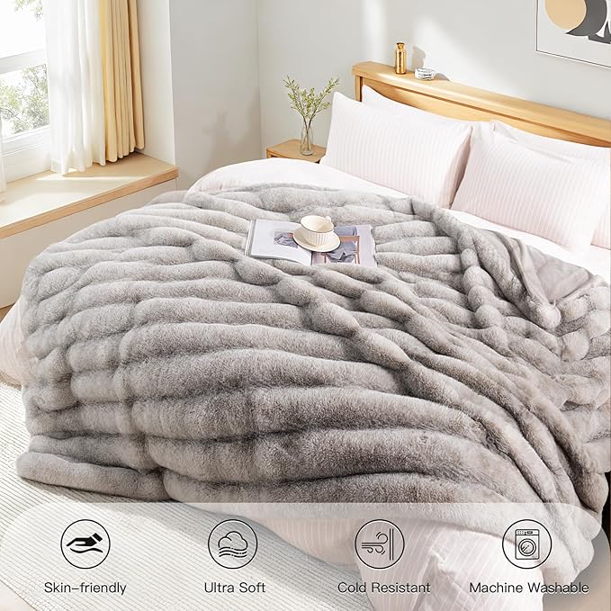 NEXHOME PRO Faux Fur Throw Blanket, Ultra Soft Cozy Warm Fuzzy Fluffy Plush Reversible Blanket for Couch, Sofa, Bed, Home Decor Gift, Tie-dye Grey 5060