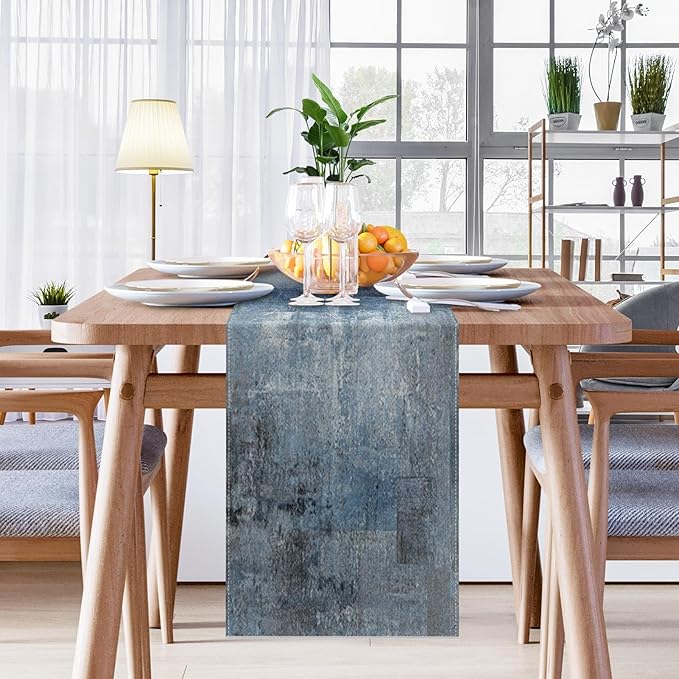 Emvency Farmhouse Style Table Runner, Abstract Art Painting Denim Blue Table Runners for Kitchen Coffee Table Family Dinners Holiday Parties Wedding Events Decor(13x72 inch)