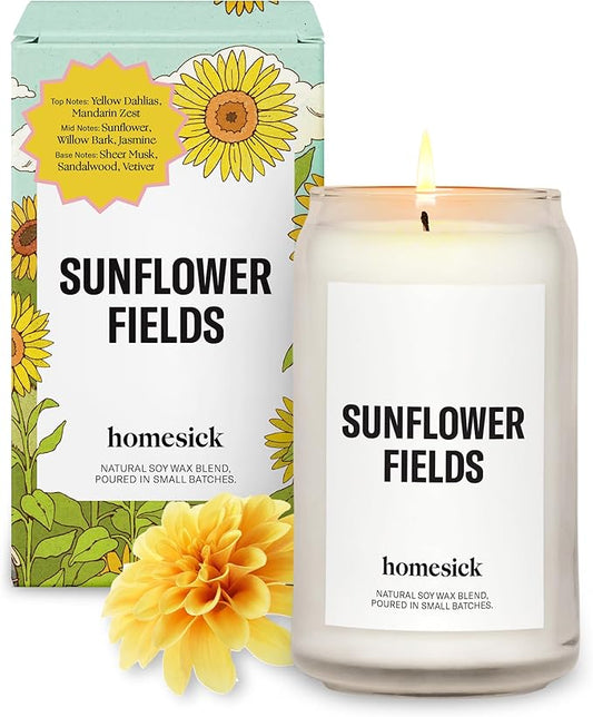 Homesick Scented Candles for Home (Sunflower Fields) - 13.75 oz Long-Lasting Natural Soy Wax Blend Jar Candle Gifts for Women & Men, 60-80 Hours Burn Time - Notes of Grass, Lemon & Lime
