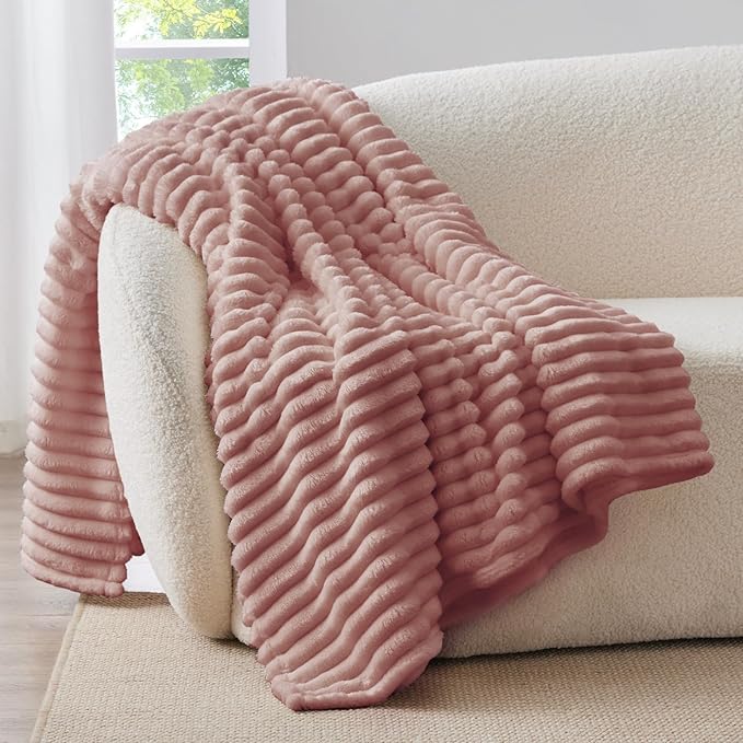 BEDELITE Fleece Throw Blanket for Couch - 300GSM Soft & Warm Fluffy Dusty Pink Blanket, Decorative and Giftable Striped Blankets for Women, Men, 50"x60"