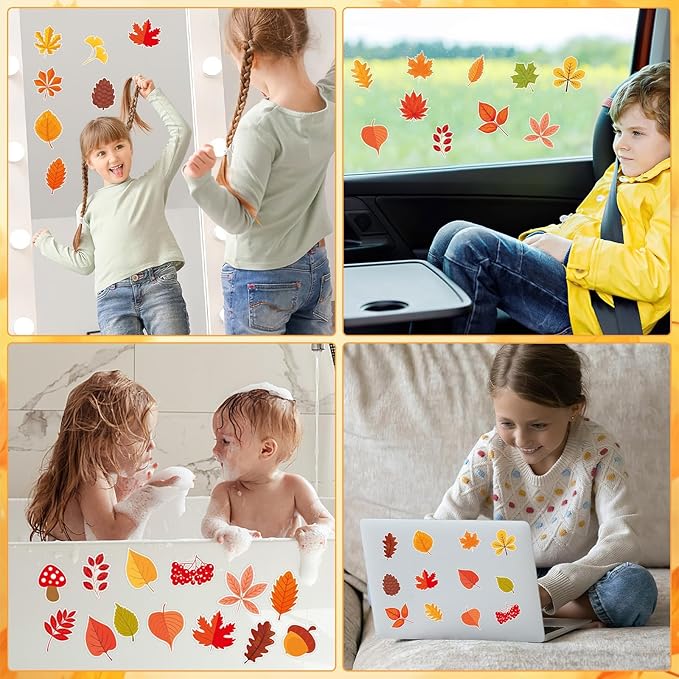 MARFOREVER 50 PCS Fall Gel Window Clings Stickers Reusable Autumn Maple Leaves Thick Gel Clings Decals for Kids Classroom Toddlers Home Thanksgiving Party Supplies Window Glass Decorations